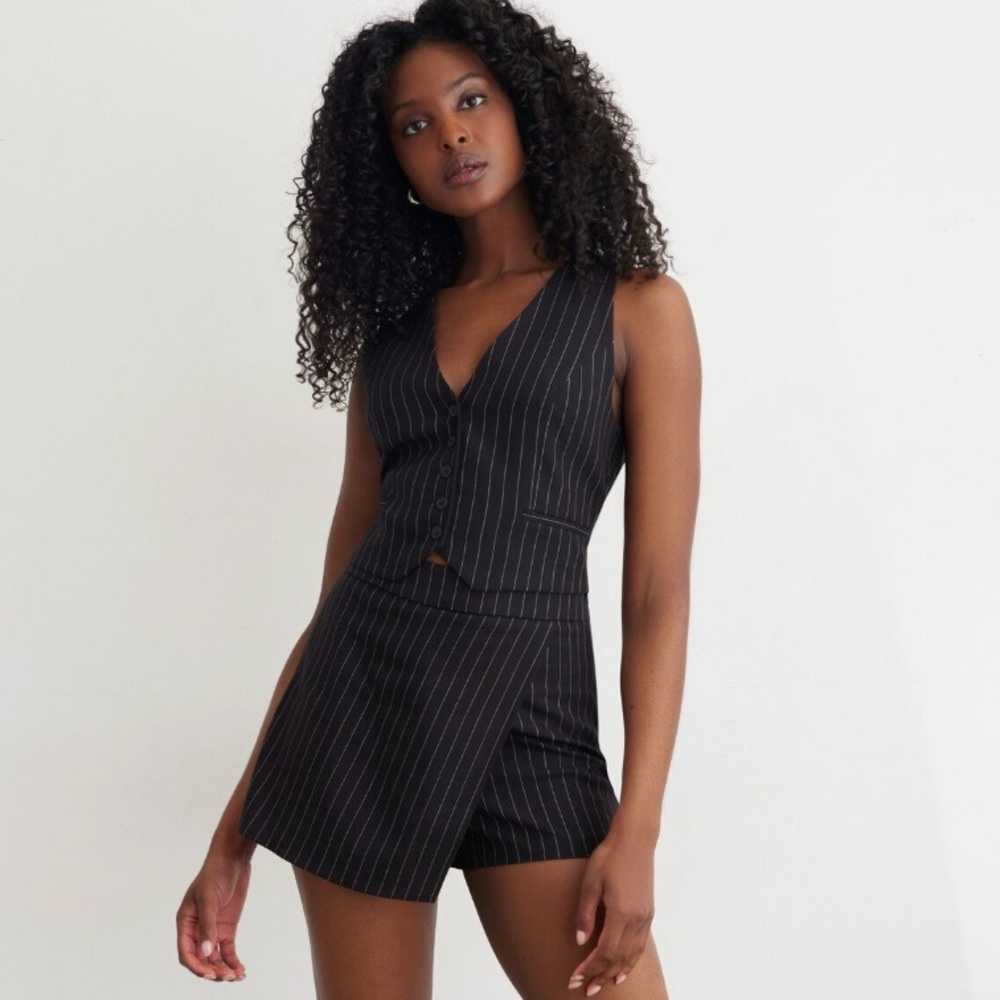 Dynamite Black Skort Vest Set with Pinstripe Design